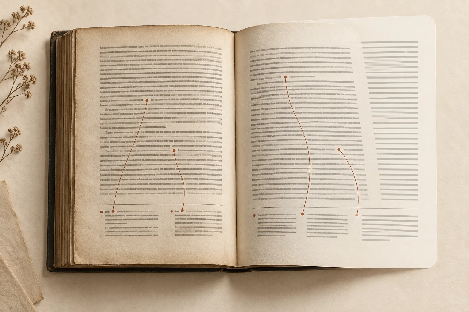 Conceptual illustration: conversion should preserve the link between body references and footnotes. Fine lines connect references in an old book page to footnotes, beside a reflowed reading page